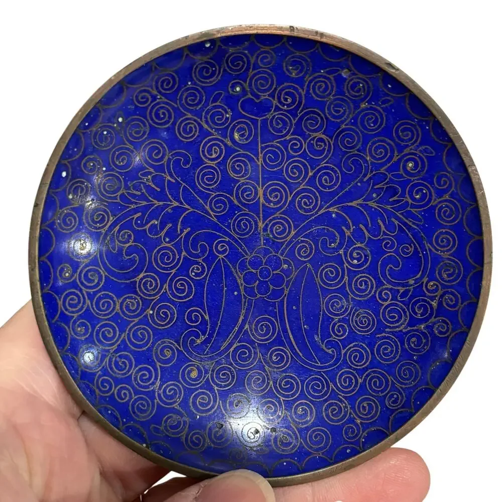 Two small enamel on brass Cloisonne mini plates Asian motif vintage decorative